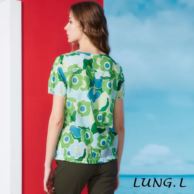 【LUNG.L 林佳樺】LS45A 綠色抽象花朵圖案短袖棉質女裝上衣(春夏新品)