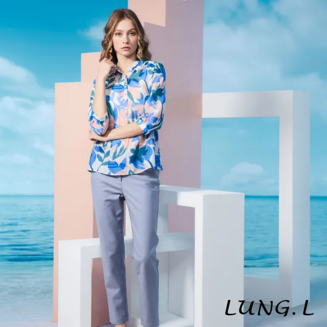 【LUNG.L 林佳樺】LS77A 水藍色印花半門襟A-line七分袖女裝上衣(春夏新品 加大尺碼)