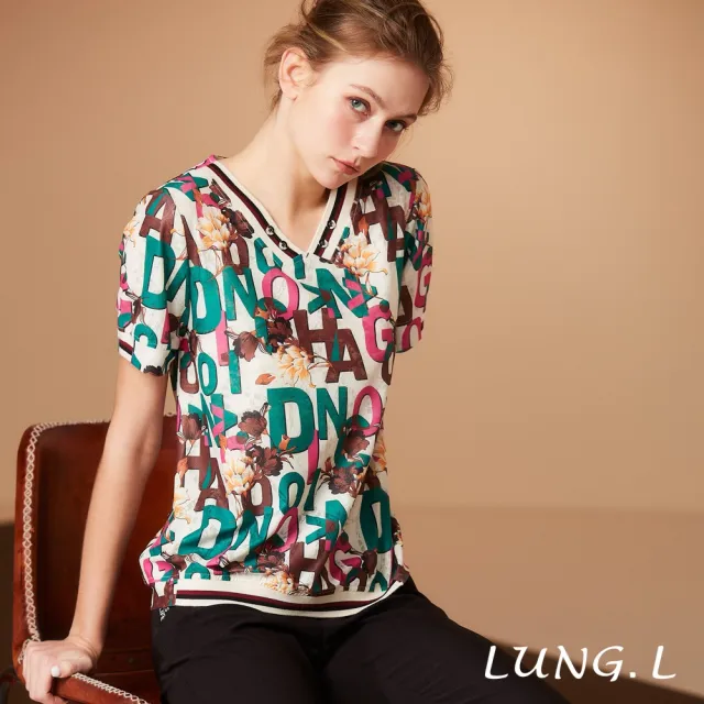【LUNG.L 林佳樺】LS65A 綠色英文字母印圖V領短袖女裝上衣(春夏新品)