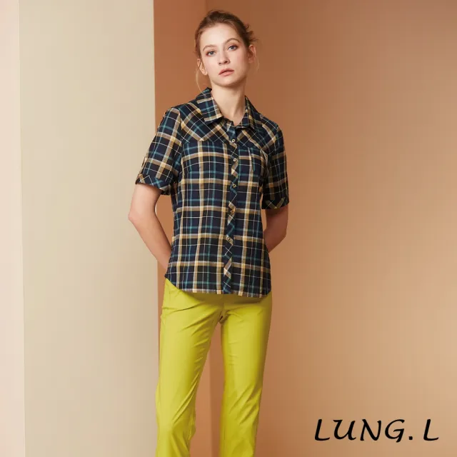 【LUNG.L 林佳樺】LR98A 藍色格紋正斜拼接棉質短袖女裝上衣(春夏新品 加大尺碼)