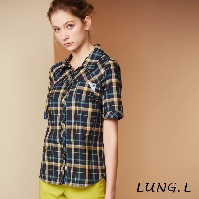 【LUNG.L 林佳樺】LR98A 藍色格紋正斜拼接棉質短袖女裝上衣(春夏新品 加大尺碼)