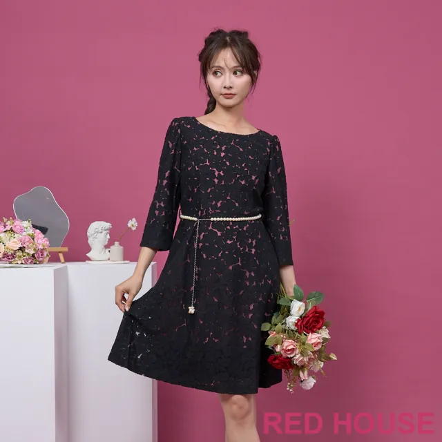 【RED HOUSE 蕾赫斯】雅緻花朵蕾絲洋裝-不含腰鍊(共2色)