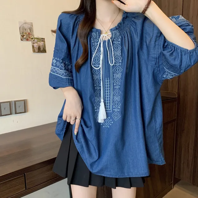 【ALLK 歐楷】新品 刺繡綁帶上衣 深藍色(尺寸L-3XL/中大尺碼/涼爽/透氣)
