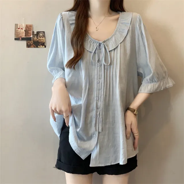 【ALLK 歐楷】新品 綁帶娃娃領上衣 共3色(尺寸L-XXL/中大尺碼/涼爽/透氣)