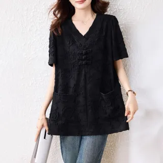 【ALLK 歐楷】新品 V領壓花上衣 黑色(尺寸L-XXL/中大尺碼/涼爽/透氣)