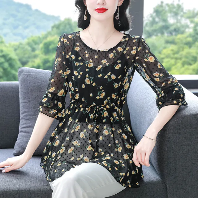 【ALLK 歐楷】新品 印花雪紡上衣 黑色(尺寸L-XXL/中大尺碼/涼爽/透氣)