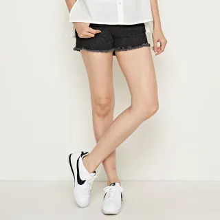 【SOMETHING】女裝 玫瑰繡花牛仔短褲(黑色)