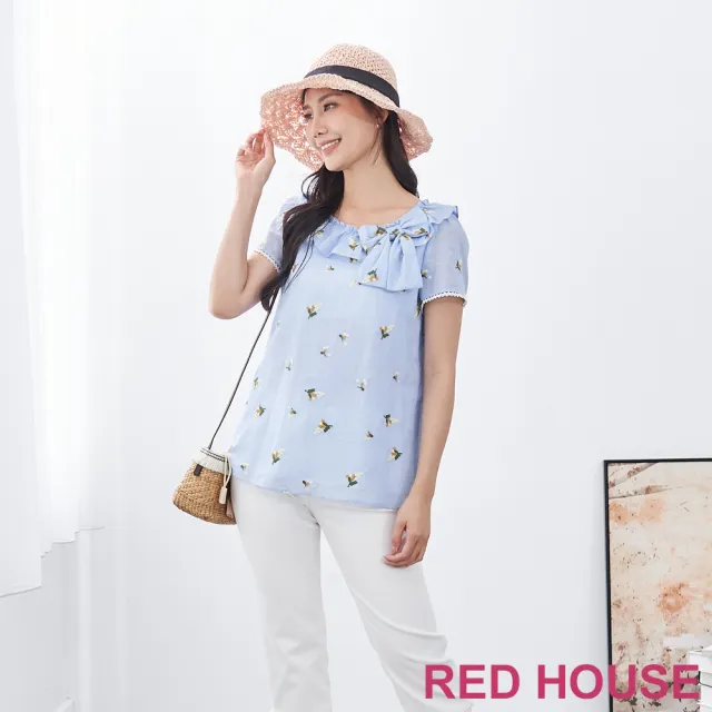 【RED HOUSE 蕾赫斯】清新荷葉領小繡花上衣(藍色)