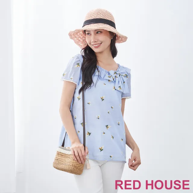 【RED HOUSE 蕾赫斯】清新荷葉領小繡花上衣(藍色)
