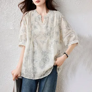 【ALLK 歐楷】新品 立領印花上衣 米白色(尺寸L-XXL/中大尺碼/涼爽/透氣)