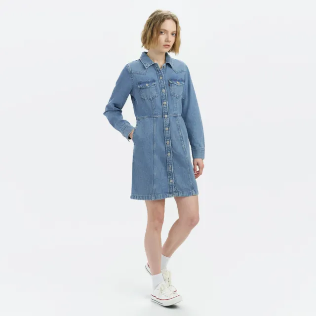 【LEVIS】女款 經典丹寧牛仔長袖洋裝 上衣 熱賣單品 A7592-0001