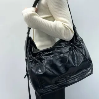 【MATIN KIM】官方旗艦 蝴蝶結抽縐側肩包(黑色)