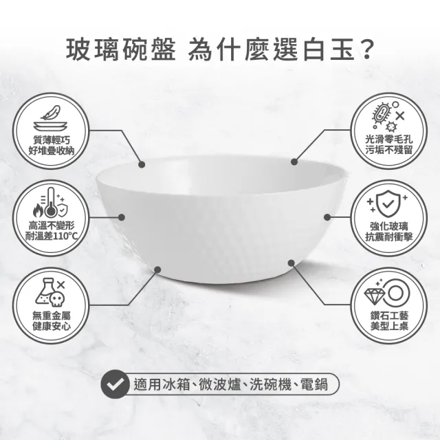 【mo select】任選2組-可微波鑽石系列白玉強化玻璃碗盤多件組(mo選/碗盤/餐具/碗/盤子/可進洗碗機、微波爐)