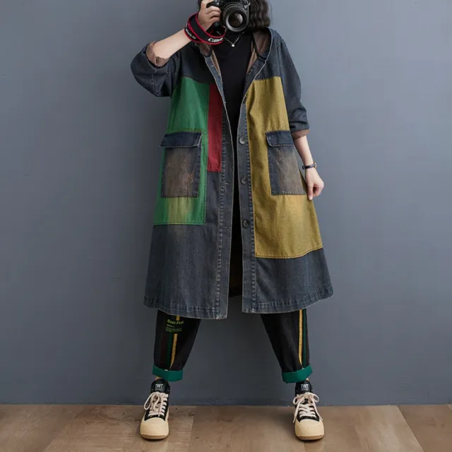 【巴黎精品】美式牛仔外套丹寧夾克經典牛仔襯衫休閒長袖上衣(連帽復古拼色長款女外套n1jc34)