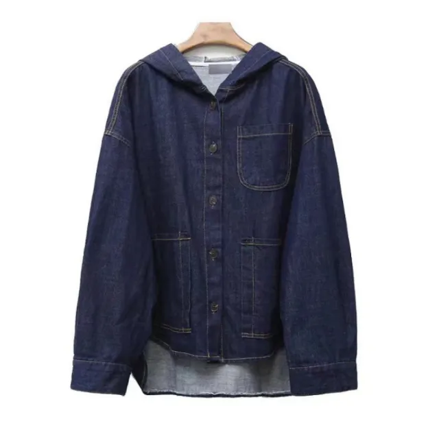 【巴黎精品】美式牛仔外套丹寧夾克經典牛仔襯衫休閒長袖上衣(寬鬆連帽前短後長女外套n1jc19)