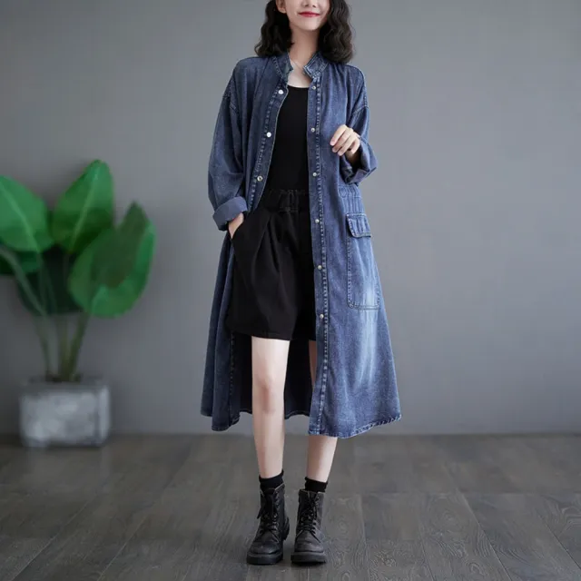 【巴黎精品】美式牛仔外套丹寧夾克經典牛仔襯衫休閒長袖上衣(寬鬆襯衫大口袋長版女外套n1jc76)