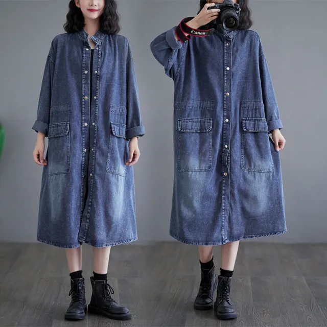 【巴黎精品】美式牛仔外套丹寧夾克經典牛仔襯衫休閒長袖上衣(寬鬆襯衫大口袋長版女外套n1jc76)