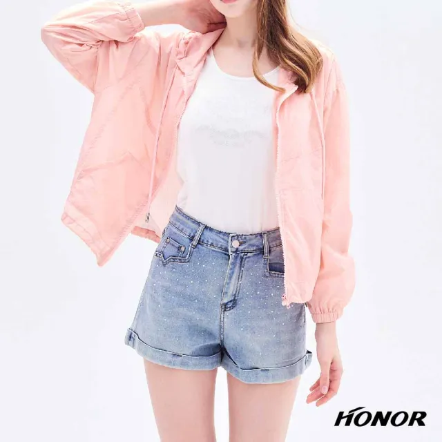 【HONOR 山形屋】出清品 微亮鑽點綴翻摺牛仔短褲-藍(限定出清)