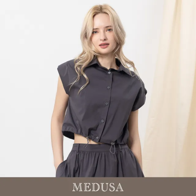 【MEDUSA 曼度莎】現貨-簡約擴肩短版抽繩襯衫 - 2色（M-XL）｜女短袖襯衫 短版上衣 休閒上衣(605-5060A)