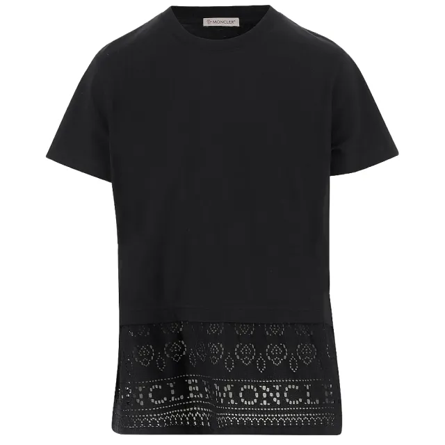 【MONCLER】女款 左臂品牌LOGO 蕾絲下擺短袖T恤-黑色(XS號、S號、M號、L號)