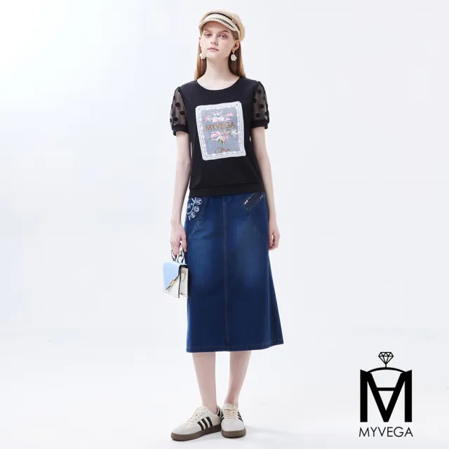 【MYVEGA 麥雪爾】MA高含棉彈力LOGO刺繡刷色丹寧牛仔八分裙-深藍