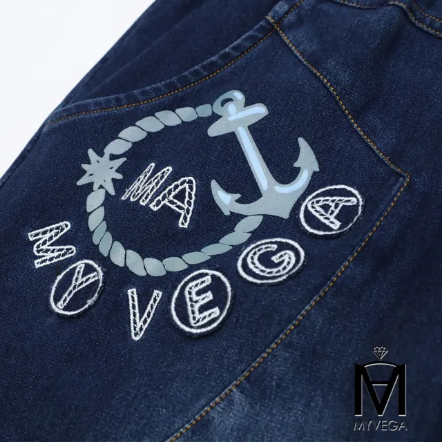 【MYVEGA 麥雪爾】MA高含棉彈力LOGO刺繡刷色丹寧牛仔八分裙-深藍