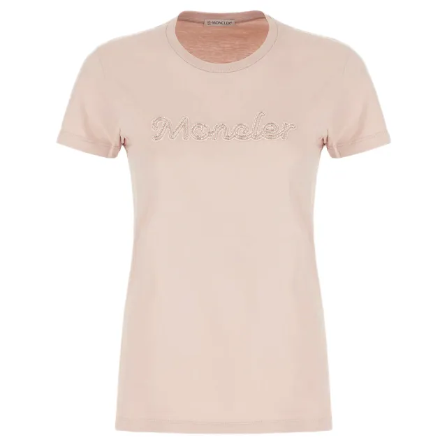 【MONCLER】女款 胸前珠飾英文名&左臂品牌LOGO 短袖T恤-淺粉色(XS號、S號、M號、L號)
