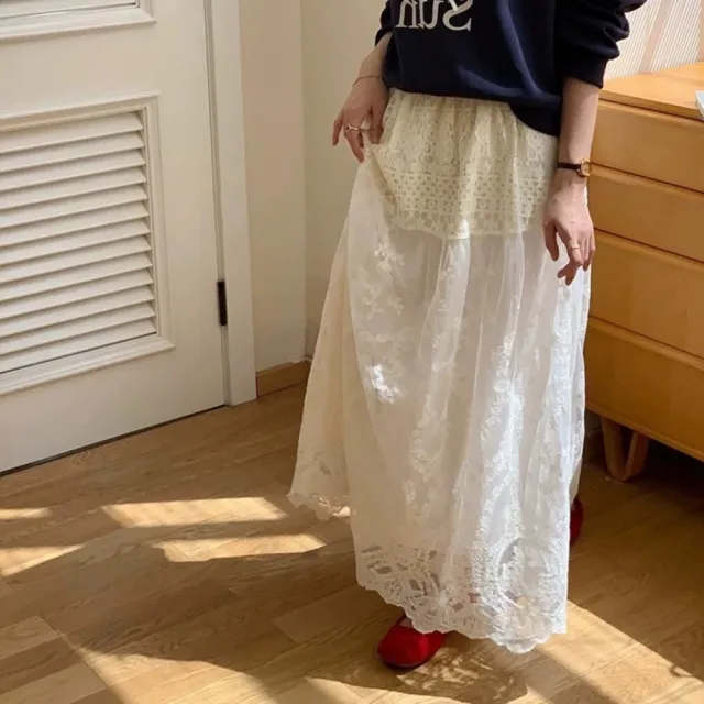 【米蘭精品】雙11優惠 女半身裙A字裙網紗裙中長裙百褶裙子大碼洋裝休閒大尺碼女裝(白色蕾絲花邊t1km52)