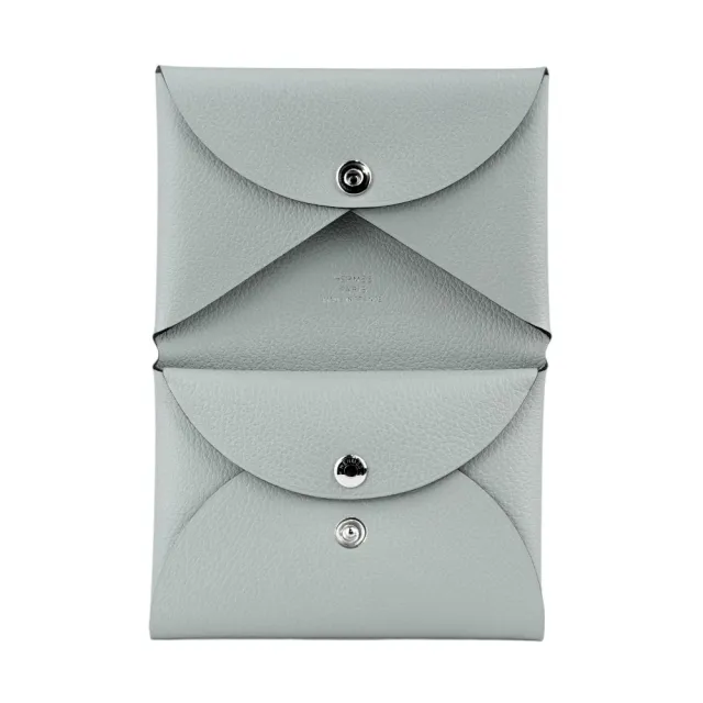 【Hermes 愛馬仕】Calvi Duo Evercolor皮釦式卡片夾/零錢包(冰川藍)