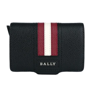 【BALLY】紅白條紋防刮皮革防盜按壓式卡夾(黑色)