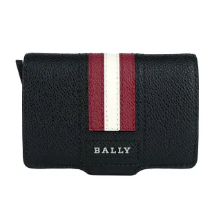 【BALLY】紅白條紋防刮皮革防盜按壓式卡夾(黑色)