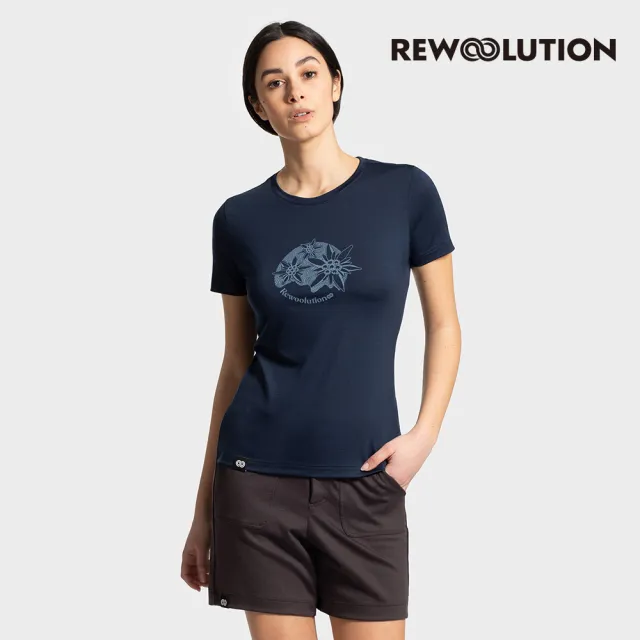 【Rewoolution】女 WHETU 140g短袖印花T恤[海軍藍]EB1WC516(美麗諾羊毛 T恤 親膚細柔 圖騰印花)