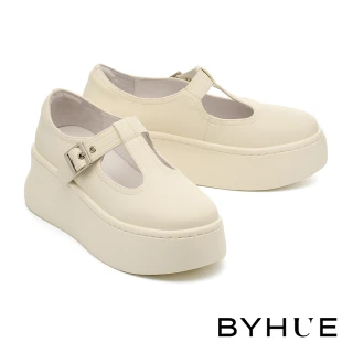 【BYHUE】率性時尚T字寬帶全真皮瑪莉珍軟芯厚底休閒鞋(白)