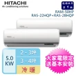 【HITACHI 日立】2-3坪+3-4坪 R32一級能效變頻冷暖一對二分離式冷氣(RAM-50HP/RAS-22HQP+RAS-28HQP)