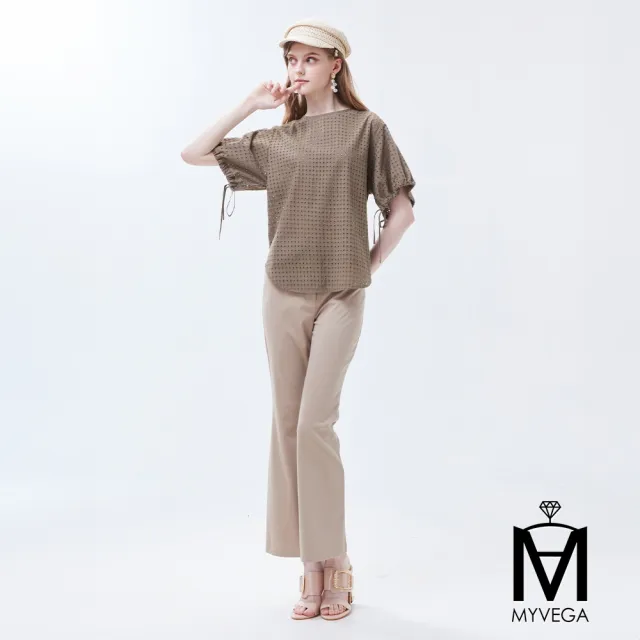 【MYVEGA 麥雪爾】MA高彈力logo刺繡貝殼扣喇叭褲-共三色(女長褲/女下身/女下著/西裝褲)