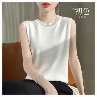 【初色】圓領鑲鑽寬鬆柔軟休閒親膚無袖針織衫上衣-共4色-34061(F可選/加價購)