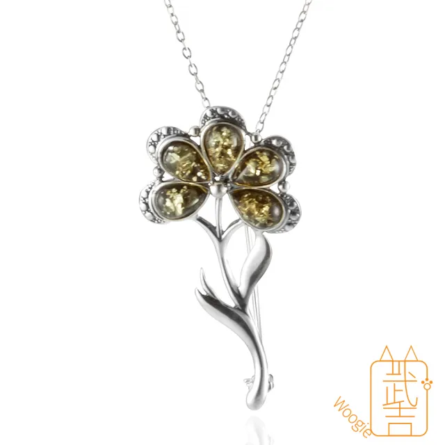 【Woogie武吉珠寶】琥珀蜜蠟設計師精品琥珀胸針項鍊(綠珀花卉)