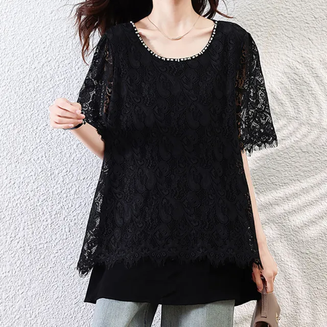 【麗質達人】8292黑色蕾絲拼接假二件上衣-LY(M-5XL)