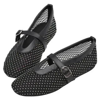 【Grace Gift】夢幻細鑽編織網面平底瑪莉珍鞋(黑)