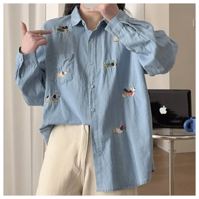 【ASister 小姊姊】AS1439#牛仔襯衫☆長袖水洗棉牛仔*刺繡印花特輯*排釦外套/罩衫(17款 F 胸圍108cm)
