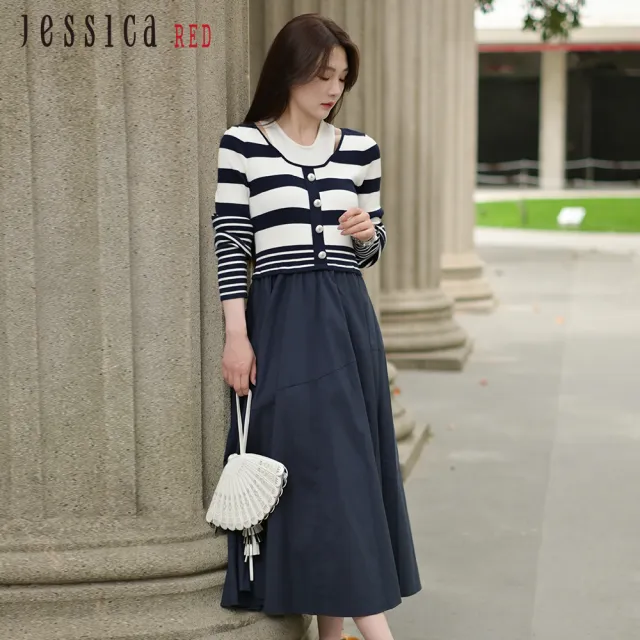 【Jessica Red】假兩件式條紋針織拼接長裙洋裝R52701