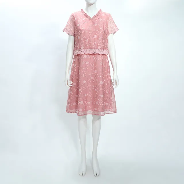 【ILEY 伊蕾】優雅蕾絲假兩件式洋裝(粉；M-2L；1251077108)