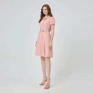 【ILEY 伊蕾】襯衫領皮帶收腰雪紡洋裝(粉；M-XL；1252077335)
