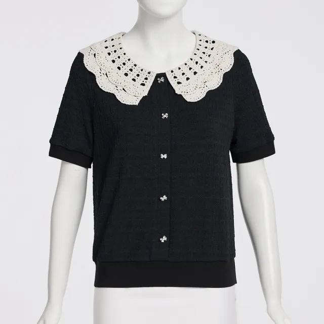 【OUWEY 歐薇】精緻機織領片緹花針織布上衣(黑；S-L；3252171618)