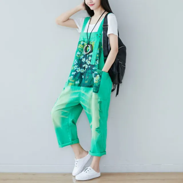 【巴黎精品】復古牛仔吊帶褲大碼寬褲直筒褲落地褲休閒女裝(做舊印花破洞顯瘦女長褲子3色n1ir60)