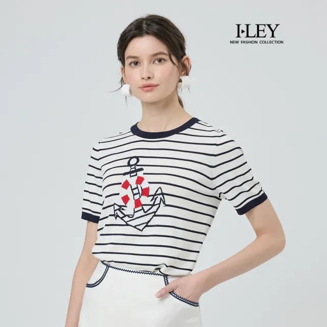 【ILEY 伊蕾】海軍風船錨緹花縲縈針織上衣(白;M-2L;1251375005)