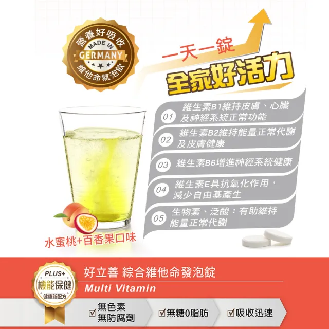 【Heilusan 好立善】綜合維他命發泡錠20錠6入組(水蜜桃百香口味 B群.維他命C+E+葉酸+生物素.液態好吸收)