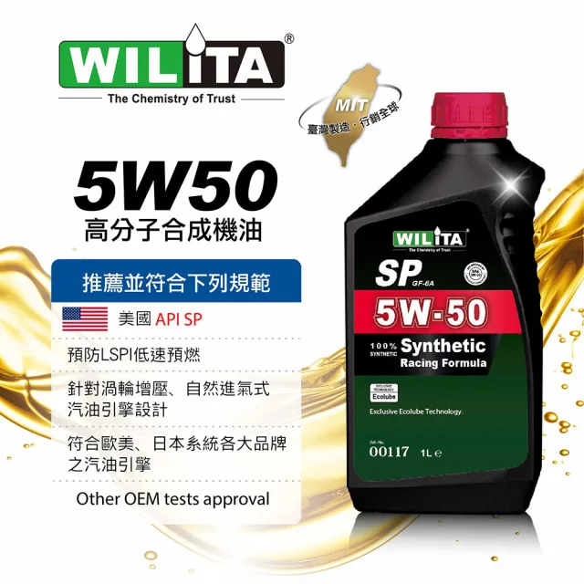 【WILITA 威力特】5W50高分子全合成機油4入(2025全新升級推薦五年以上汽油車)
