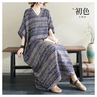 【初色】現貨 復古棉麻風幾何條紋V領五分短袖寬鬆長裙連衣裙連身洋裝-藍色條紋-35152(F可選/快速出貨)