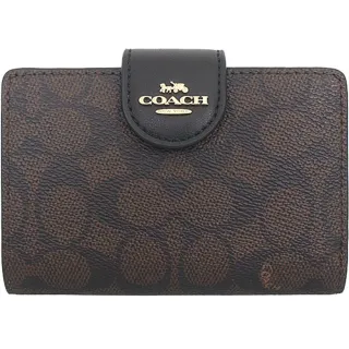 【COACH】黑X深咖啡PVC滿版LOGO寬版釦式零錢袋中夾